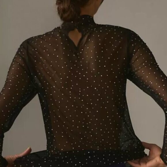 Eva Franco Long‑Sleeve Sheer Mesh Rhinestone Tunic Top, Size M — Statement Layer - Picture 3 of 16